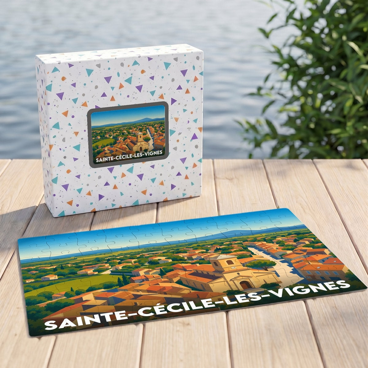 Puzzle souvenir de la ville de Sainte-Cécile-les-Vignes avec une illustration stylisée et colorée.