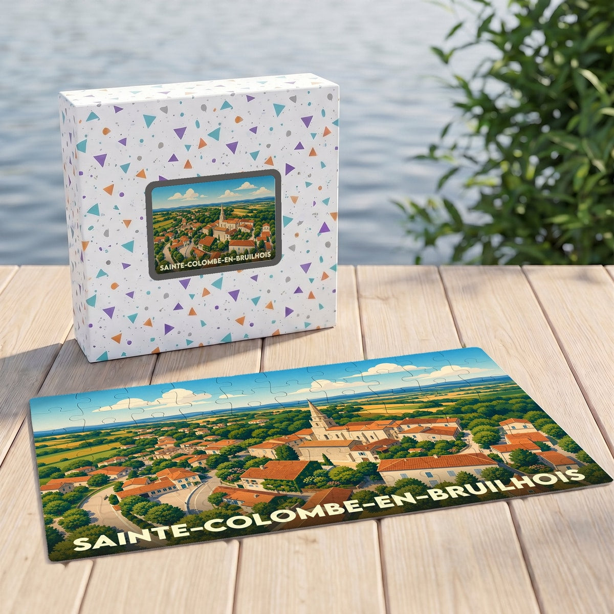 Puzzle souvenir de la ville de Sainte-Colombe-en-Bruilhois avec une illustration stylisée et colorée du village.