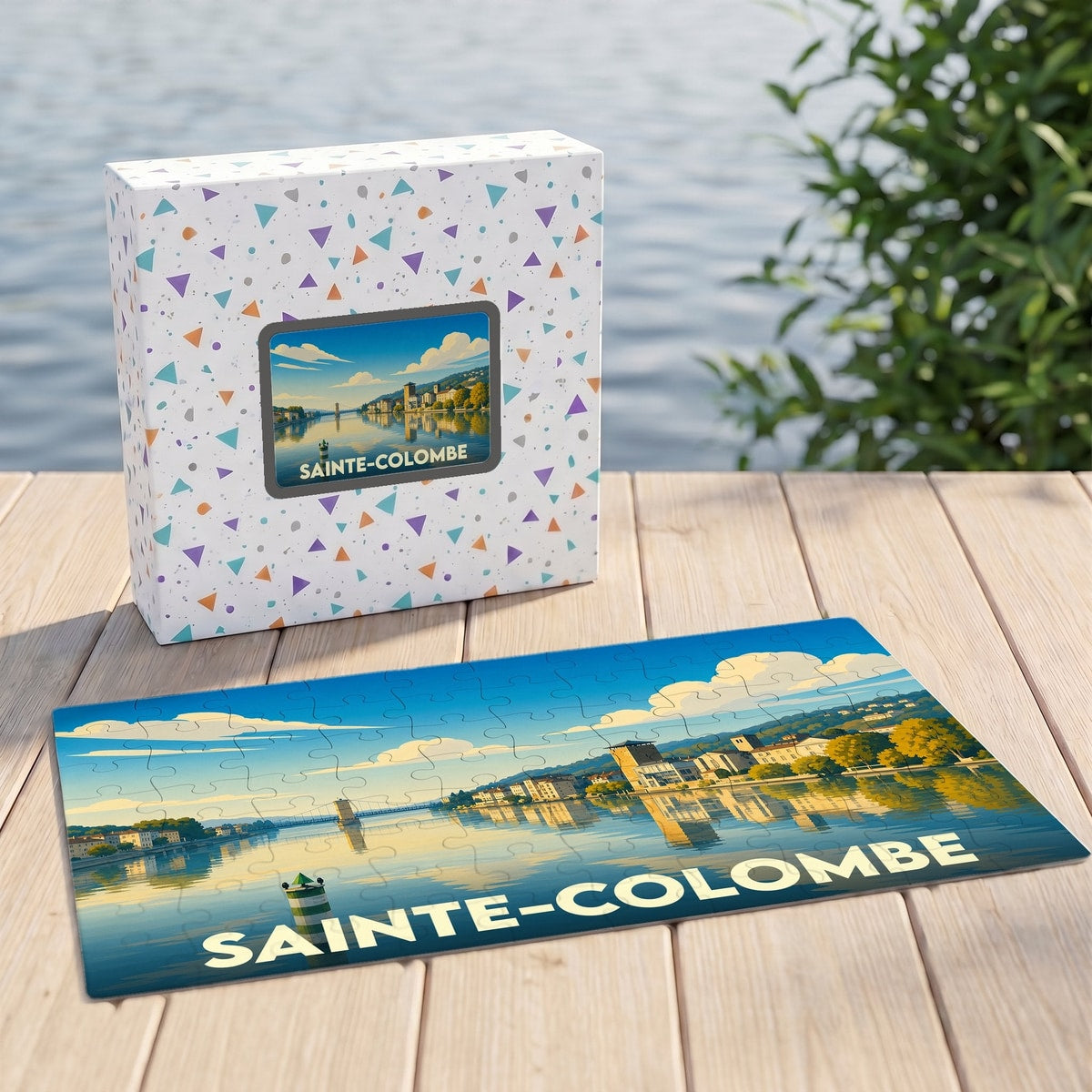 Puzzle souvenir de la ville de Sainte-Colombe avec une illustration stylisée.