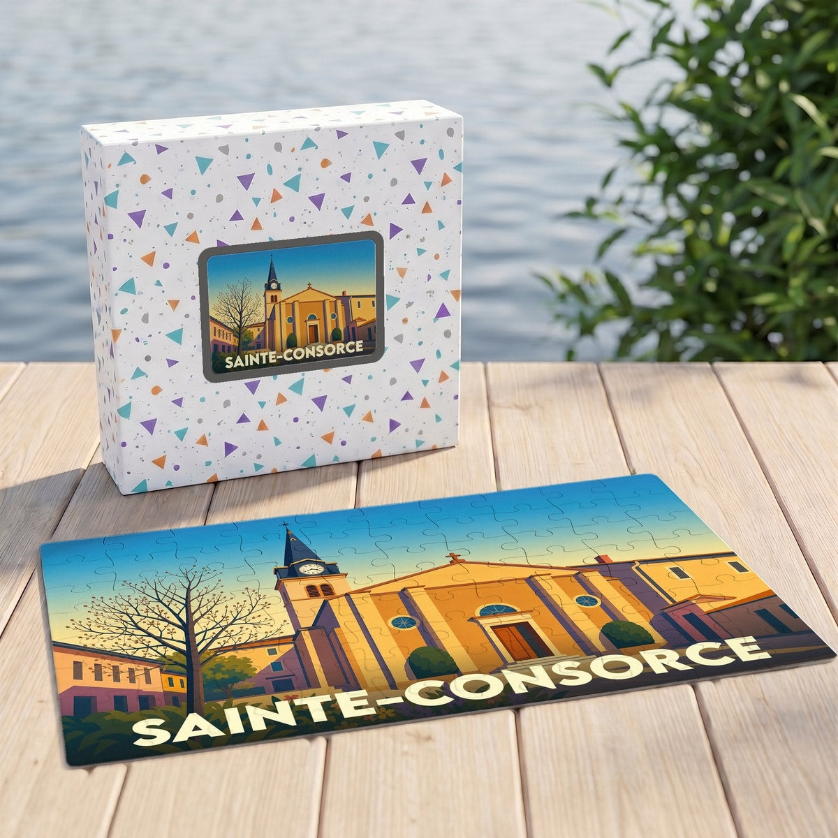 Puzzle souvenir de la ville de Sainte-Consorce avec une illustration stylisée et colorée de son église.