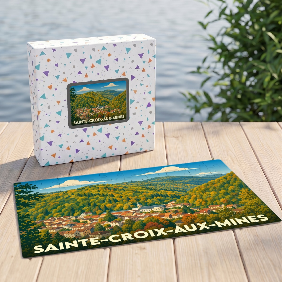 Puzzle souvenir de la ville de Sainte-Croix-aux-Mines représentant une vue panoramique illustrée de la commune nichée dans une vallée boisée.