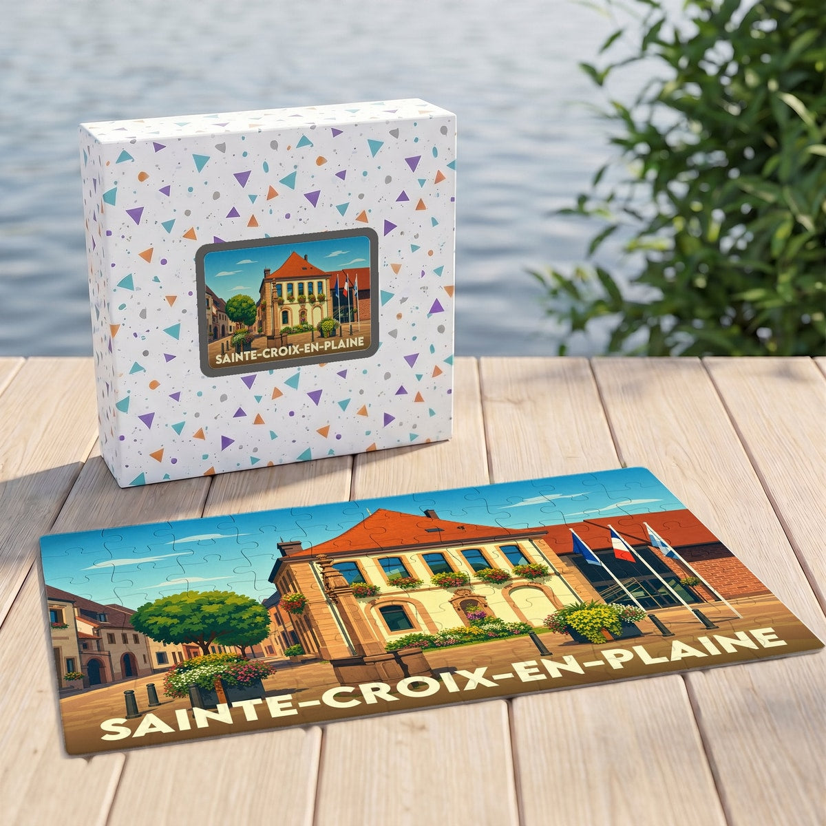 Puzzle souvenir de la ville de Sainte-Croix-en-Plaine avec une illustration stylisée de son architecture.