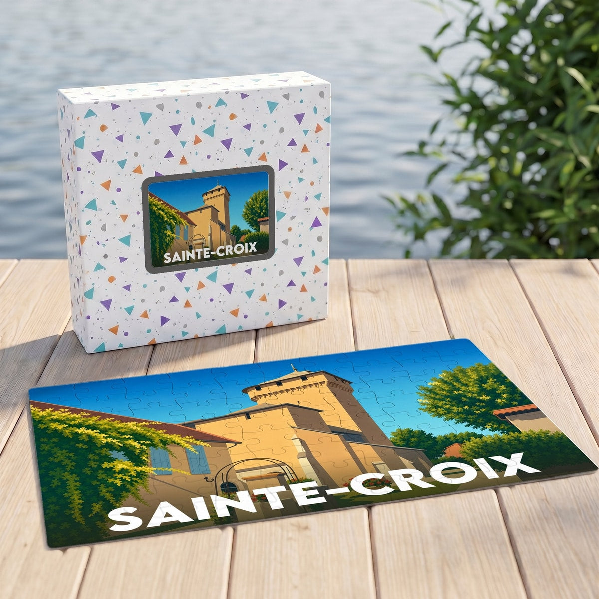 Puzzle souvenir de la ville de Sainte-Croix présentant une illustration stylisée d'un bâtiment historique sous un ciel bleu.