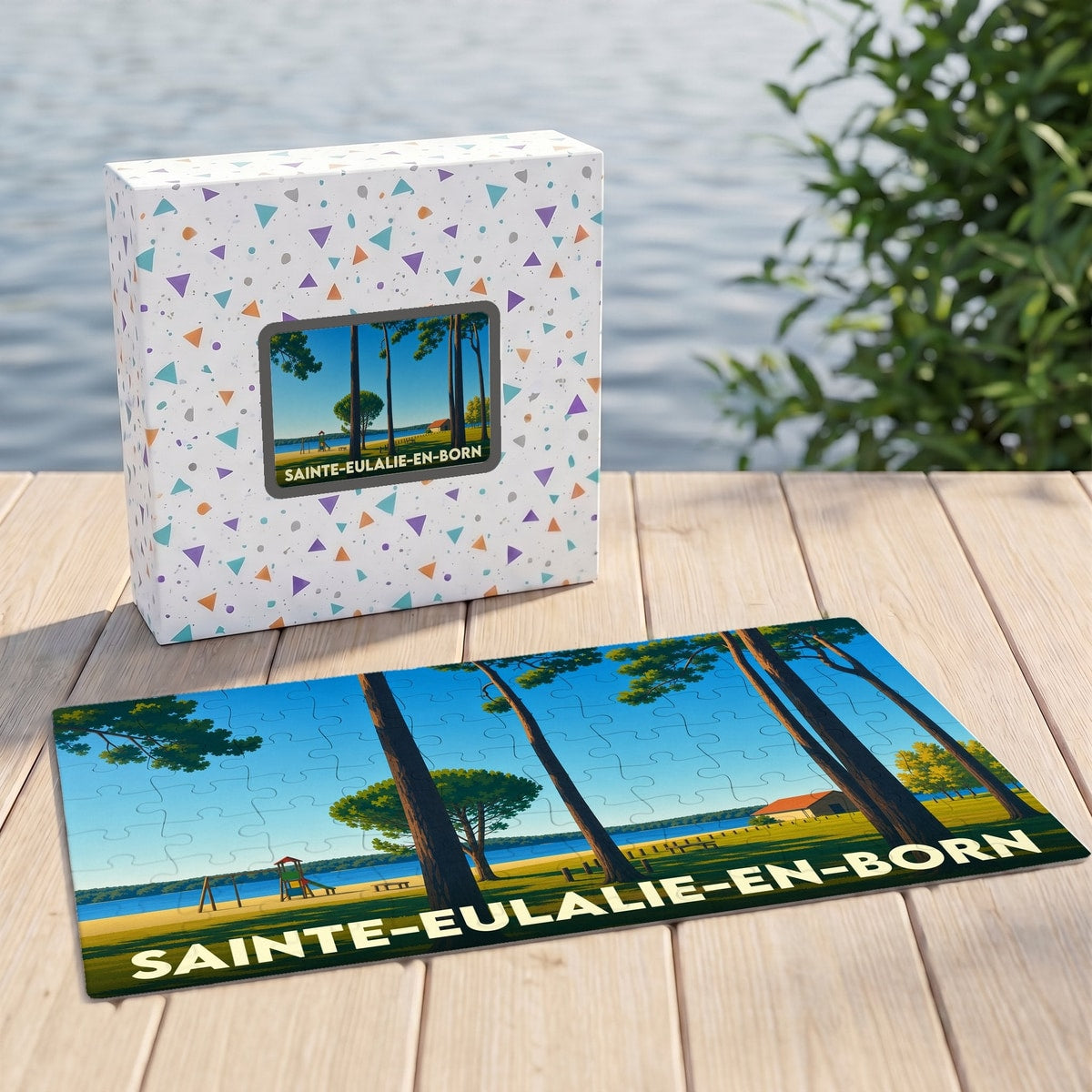 Puzzle souvenir de Sainte-Eulalie-en-Born représentant un paysage de lac et de pins dans un style illustré.