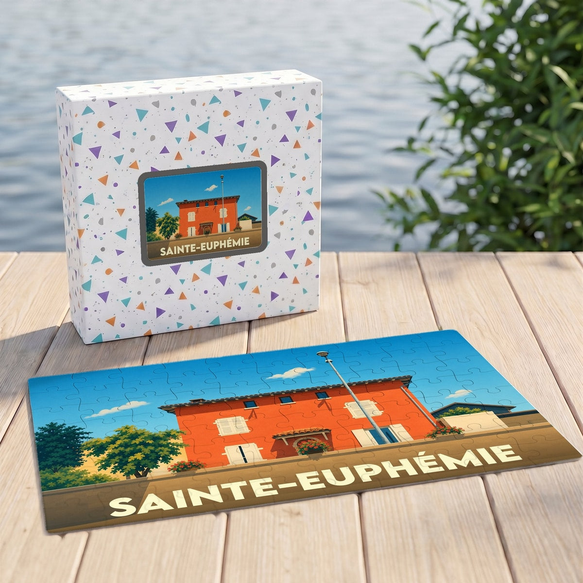 Puzzle souvenir de la ville de Sainte-Euphémie avec une illustration colorée d'une maison provençale.