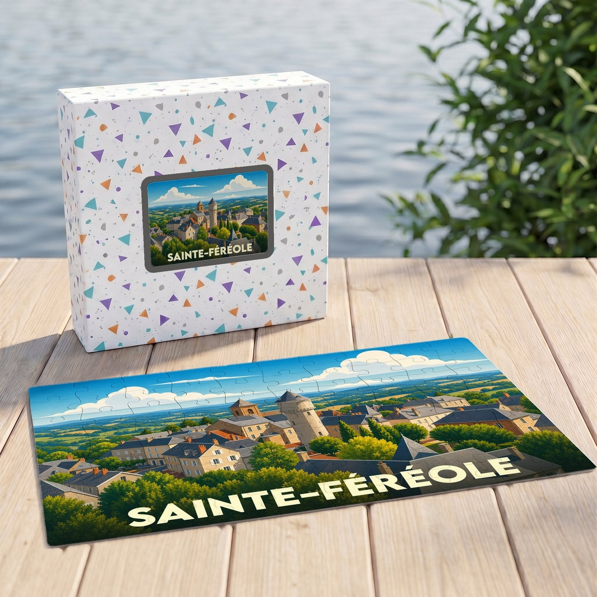 Puzzle souvenir de la ville de Sainte-Féréole avec une illustration panoramique stylisée.