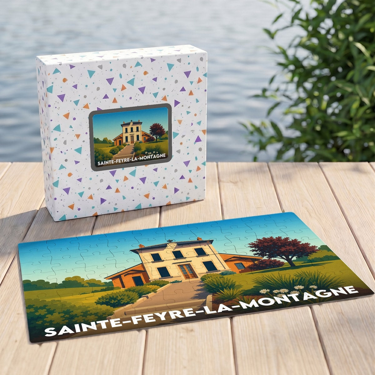 Puzzle souvenir de la ville de Sainte-Feyre-la-Montagne avec une illustration stylisée d'une demeure bourgeoise.