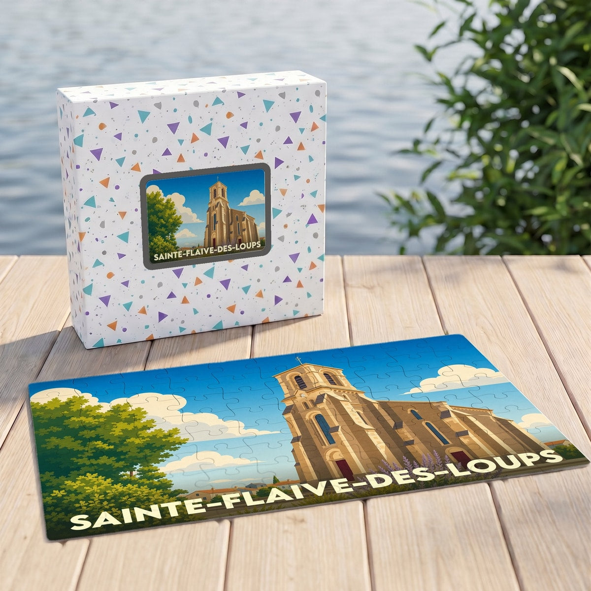 Puzzle souvenir de la ville de Sainte-Flaive-des-Loups avec une illustration stylisée de son église.