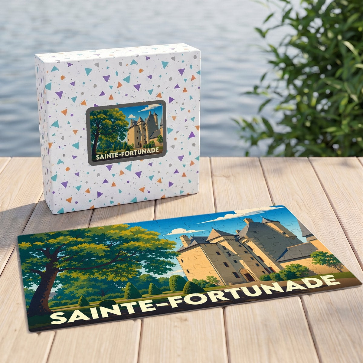 Puzzle souvenir de la ville de Sainte-Fortunade avec une illustration stylisée de son château.