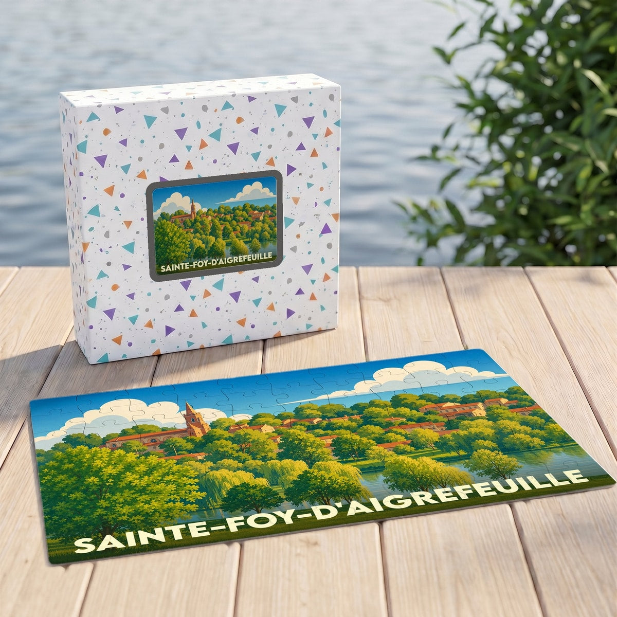 Puzzle souvenir de la ville de Sainte-Foy-d'Aigrefeuille avec une illustration stylisée et colorée du paysage local.