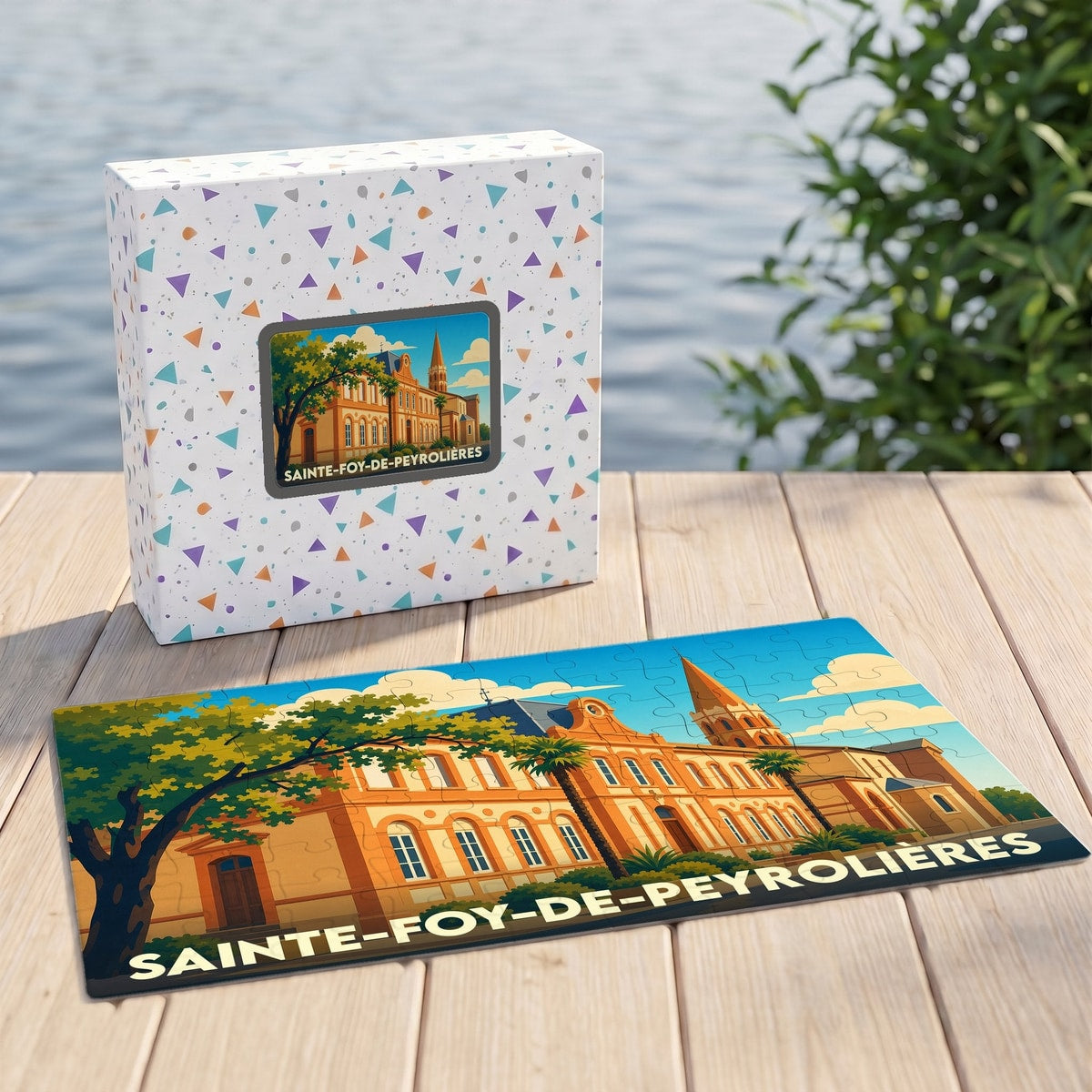 Puzzle souvenir de la ville de Sainte-Foy-de-Peyrolières avec une illustration stylisée d'un bâtiment historique et son clocher.
