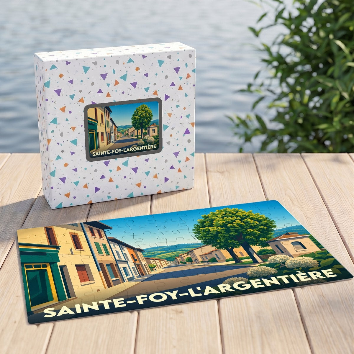 Puzzle souvenir de la ville de Sainte-Foy-l'Argentière avec une illustration stylisée de ses rues et de ses paysages.