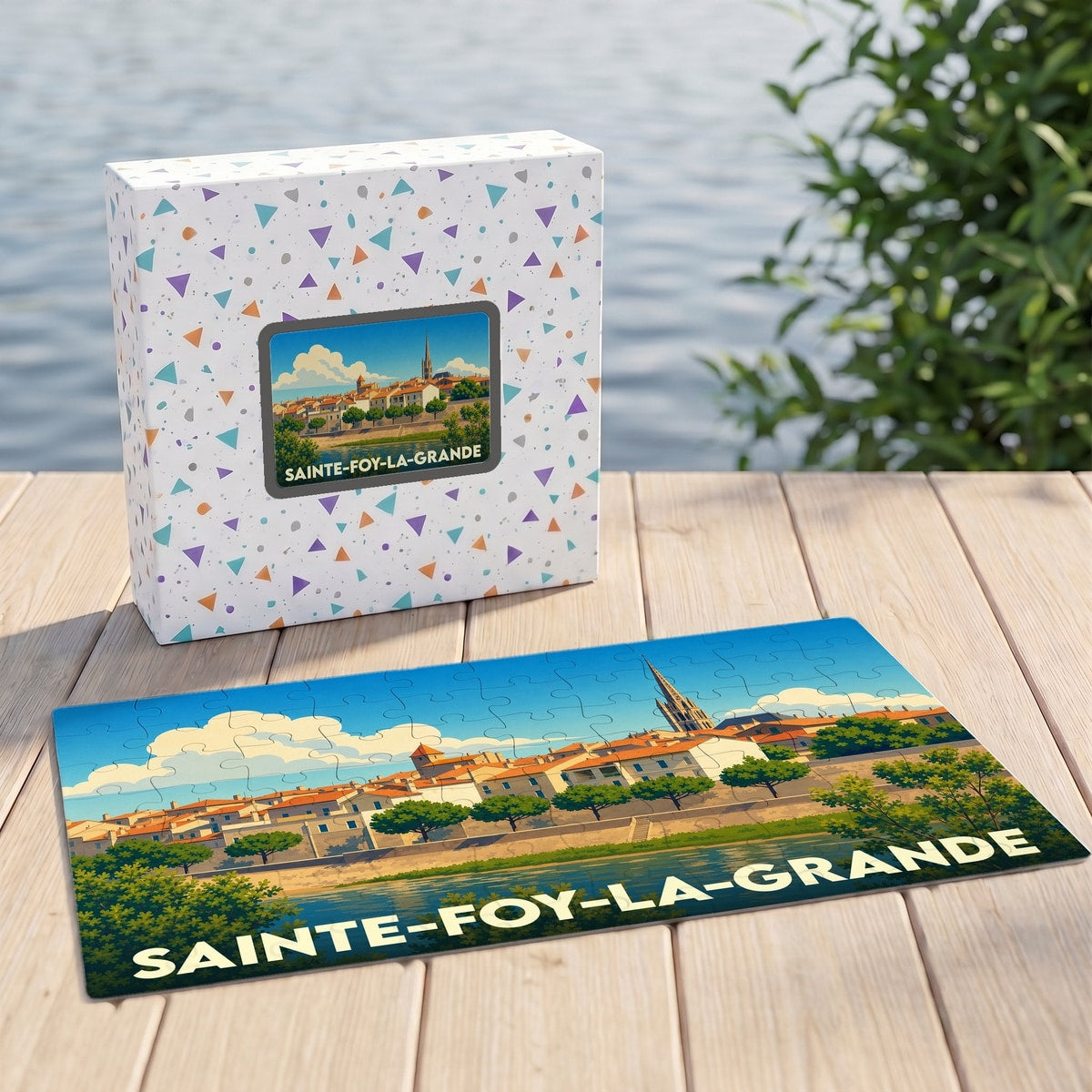 Puzzle souvenir de la ville de Sainte-Foy-la-Grande avec une illustration stylisée de ses quais et de son église.
