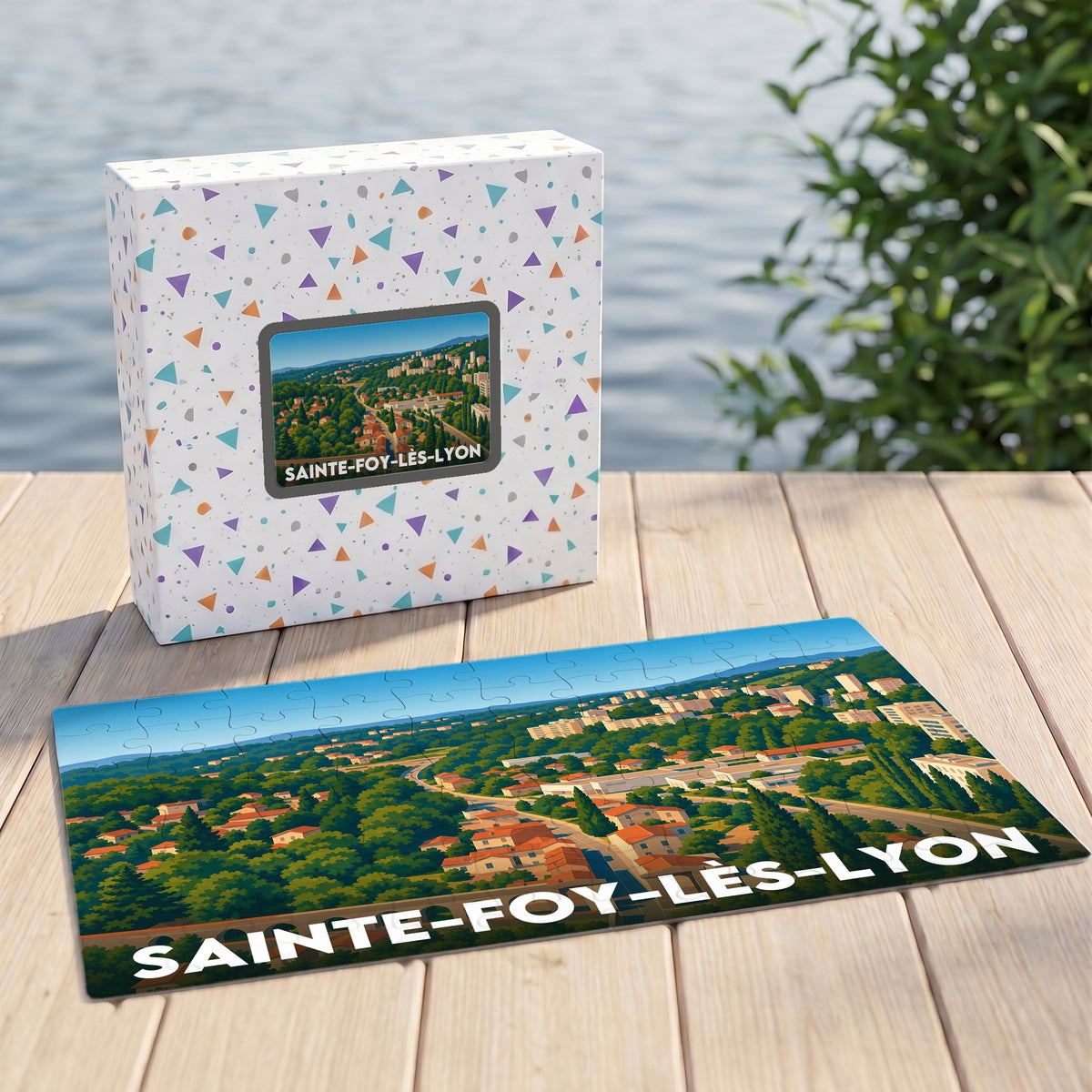Puzzle souvenir de la ville de Sainte-Foy-lès-Lyon avec une illustration paysagère stylisée.