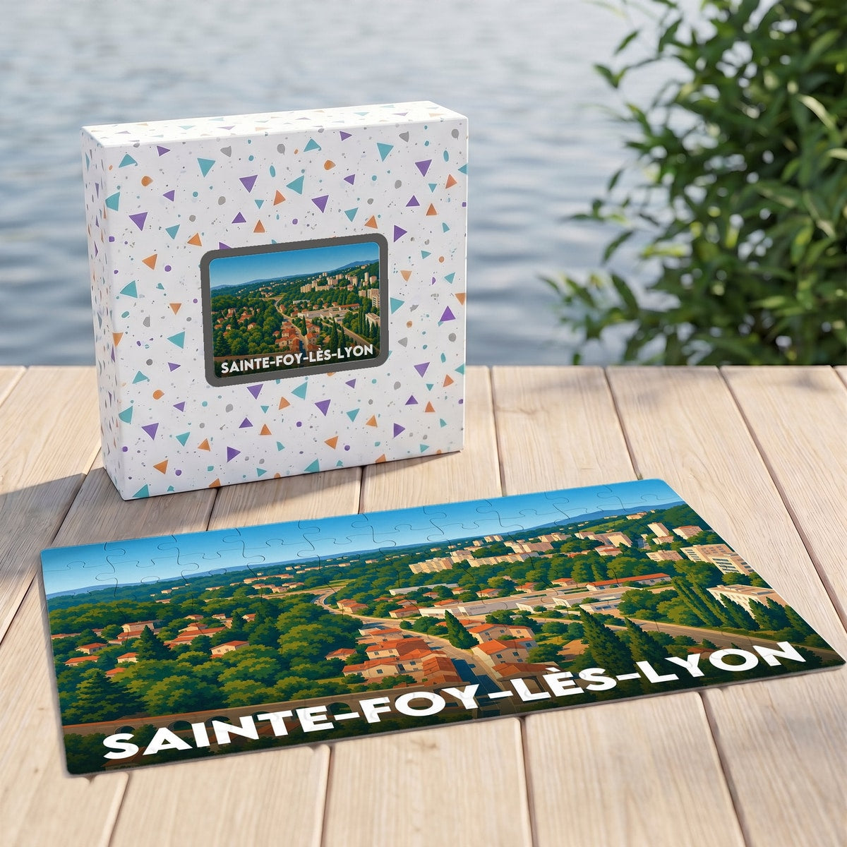 Puzzle souvenir de la ville de Sainte-Foy-lès-Lyon avec une illustration paysagère stylisée.