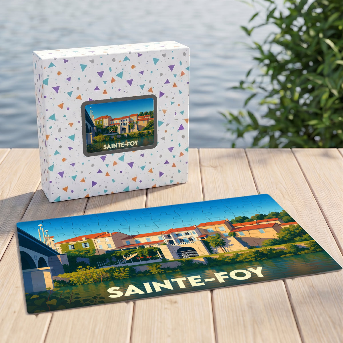 Puzzle souvenir de la ville de Sainte-Foy avec une illustration stylisée d'un paysage fluvial.