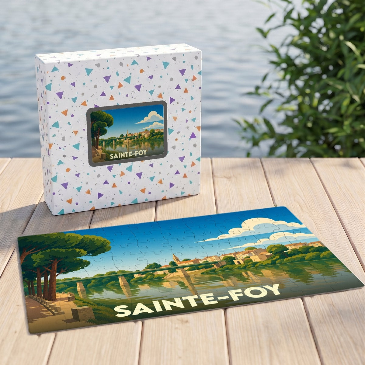 Puzzle souvenir de la ville de Sainte-Foy avec une illustration stylisée d'un paysage de bord d'eau.