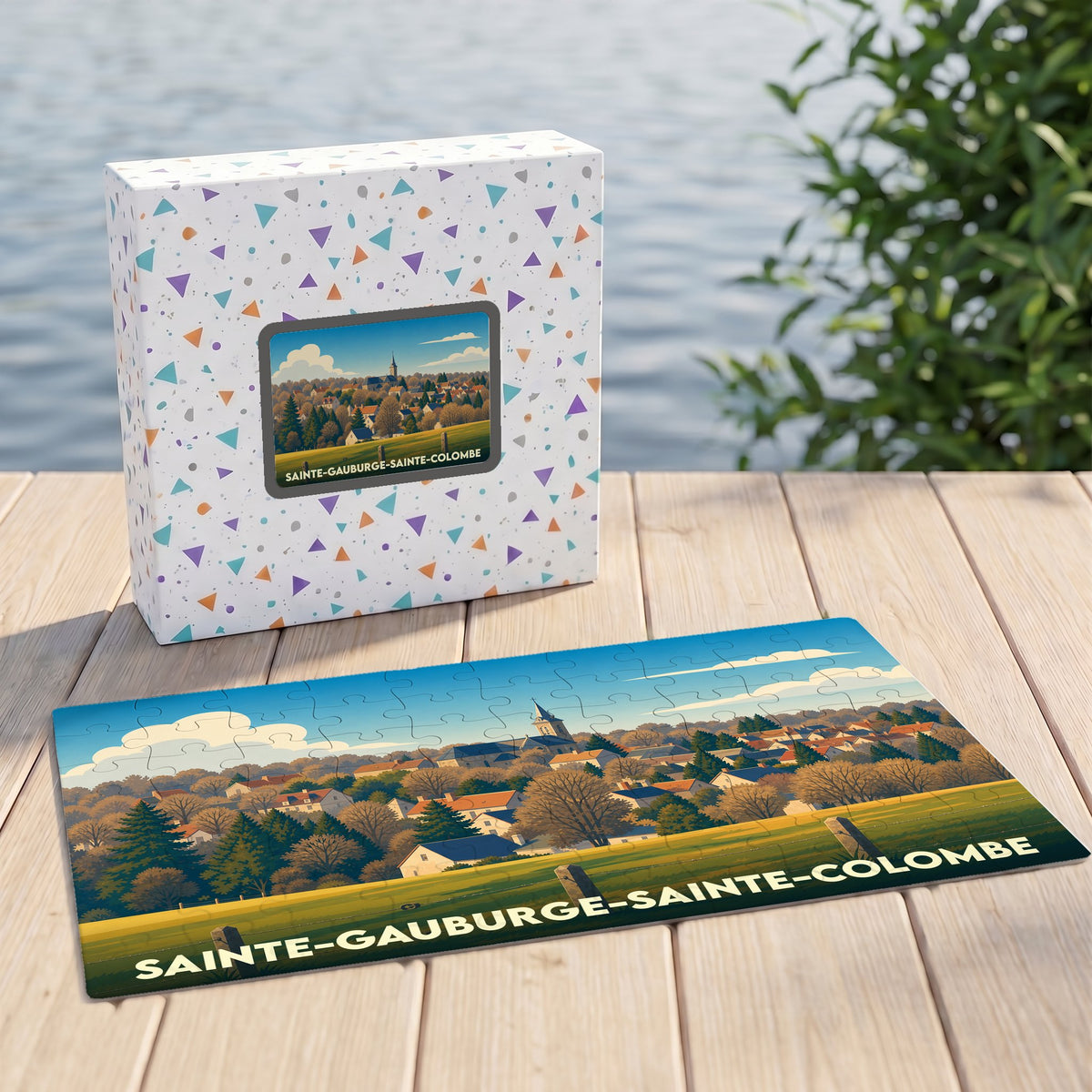 Puzzle souvenir de la ville de Sainte-Gauburge-Sainte-Colombe avec une illustration stylisée de son paysage urbain.