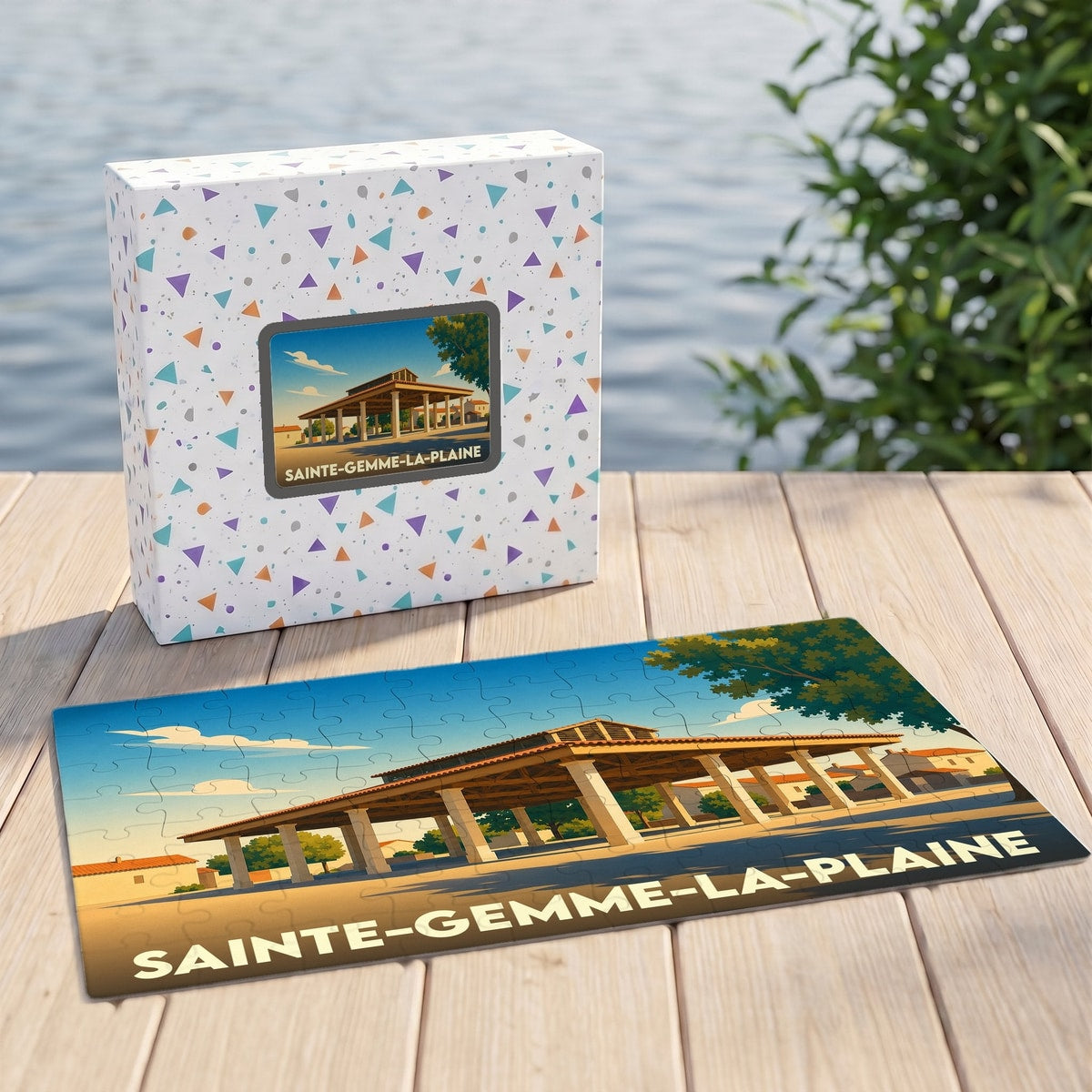 Puzzle souvenir de la ville de Sainte-Gemme-la-Plaine avec son illustration stylisée et sa boîte assortie.