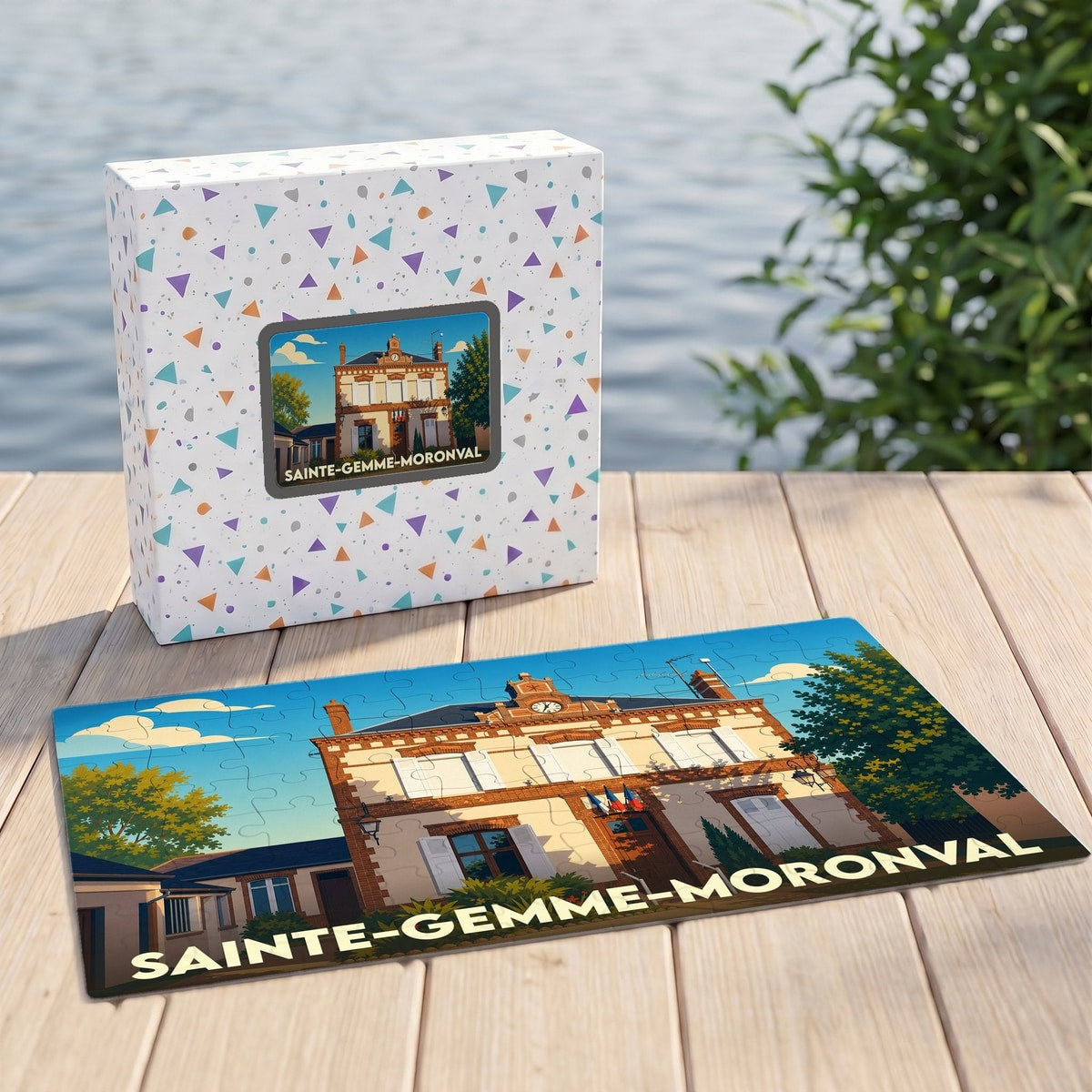 Puzzle souvenir de la ville de Sainte-Gemme-Moronval avec une illustration stylisée de sa mairie.