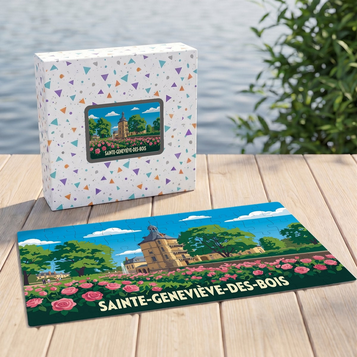 Puzzle souvenir de la ville de Sainte-Geneviève-des-Bois avec une illustration stylisée d'un château et de roses.