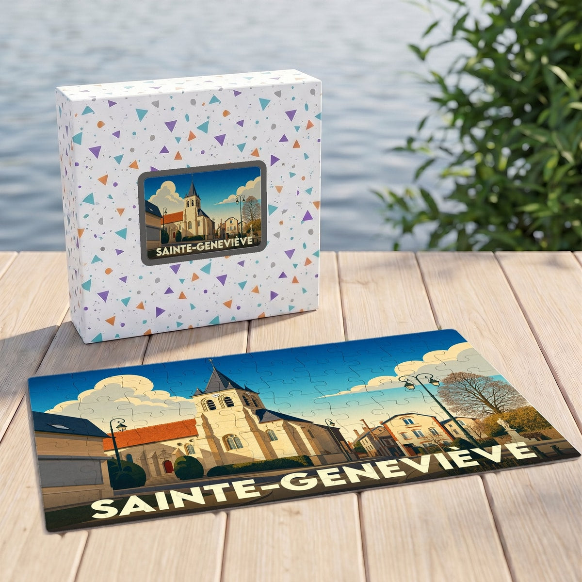 Puzzle souvenir de la ville de Sainte-Geneviève avec une illustration stylisée d'une église sous un ciel bleu.