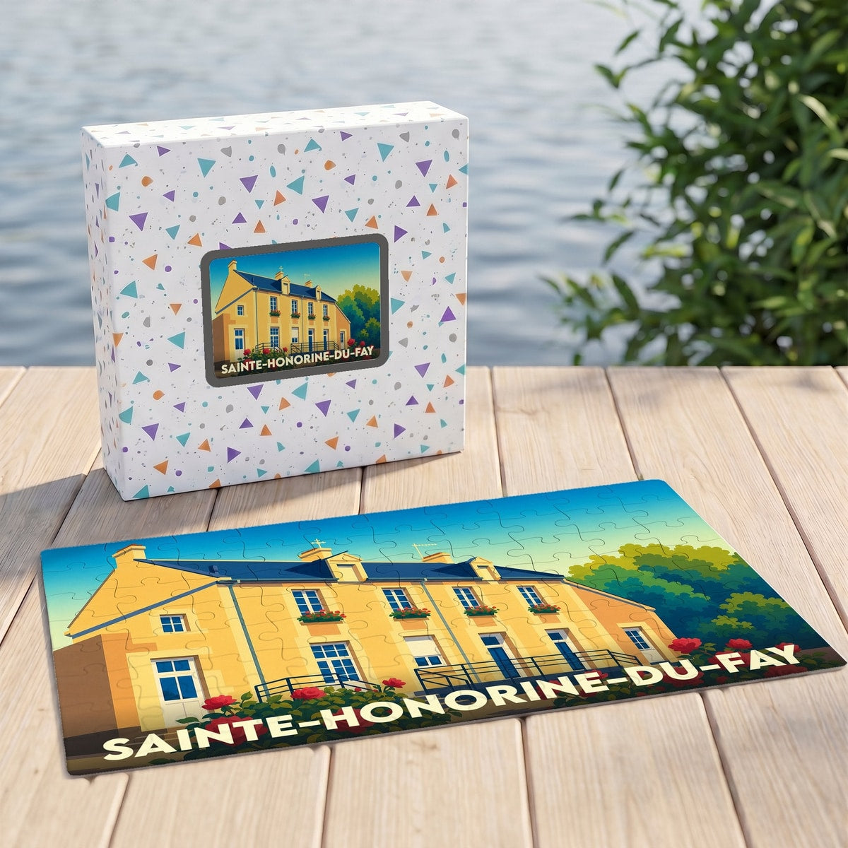 Puzzle souvenir de la ville de Sainte-Honorine-du-Fay avec une illustration stylisée.
