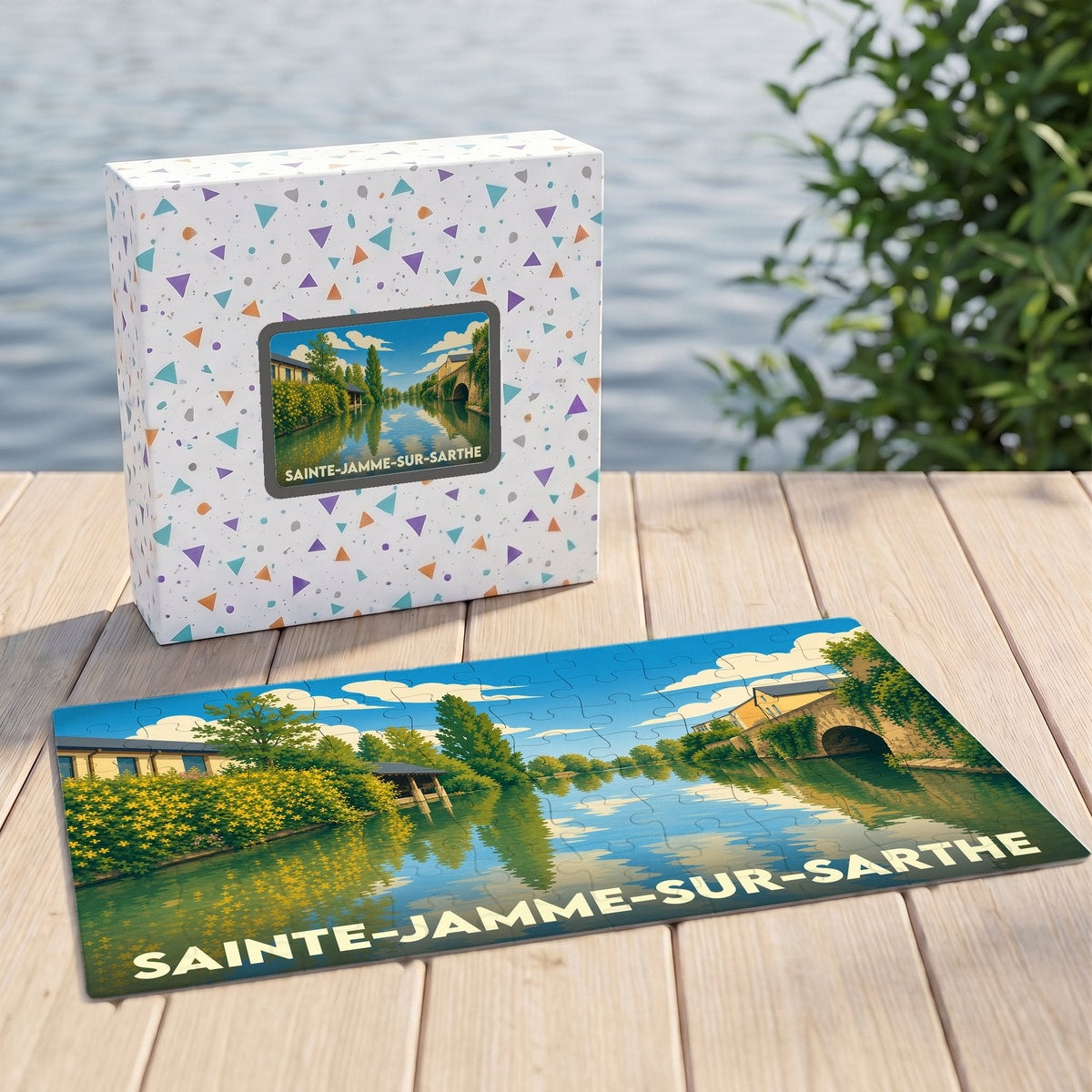 Puzzle souvenir de la ville de Sainte-Jamme-sur-Sarthe avec une illustration stylisée d'un paysage fluvial.