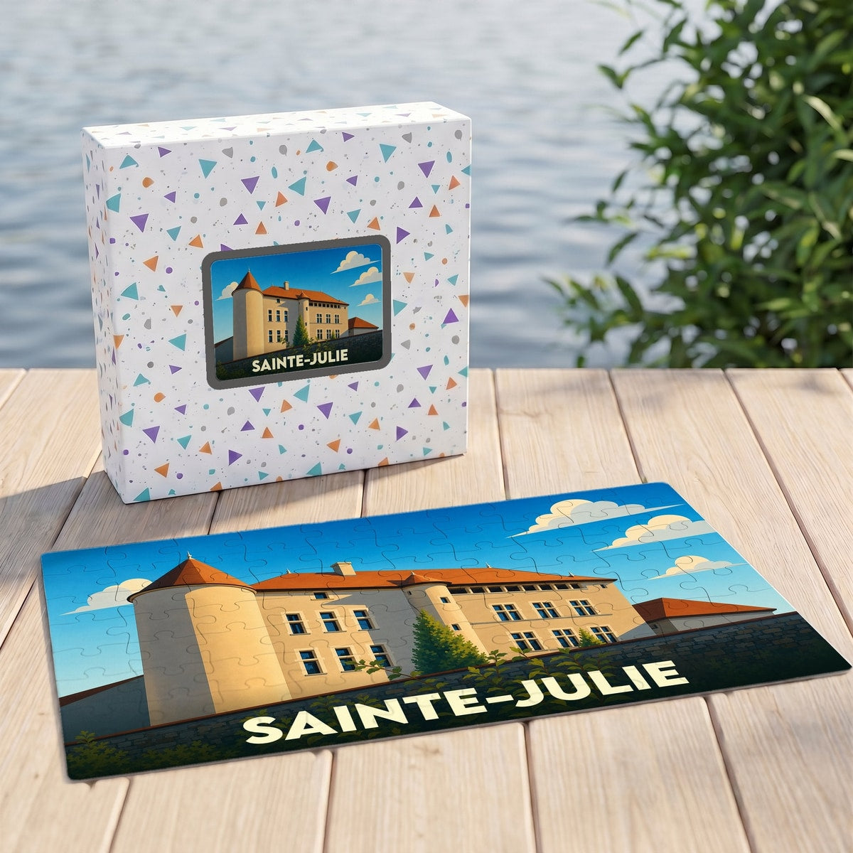 Puzzle souvenir de la ville de Sainte-Julie avec une illustration stylisée d'un bâtiment historique.