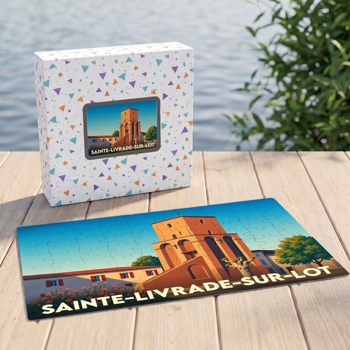 Puzzle souvenir de la ville de Sainte-Livrade-sur-Lot avec une illustration stylisée de son église.