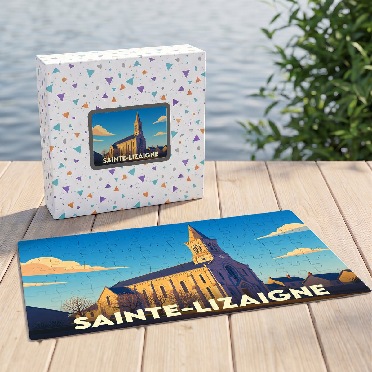 Puzzle souvenir de la ville de Sainte-Lizaigne avec une illustration stylisée d'une église.