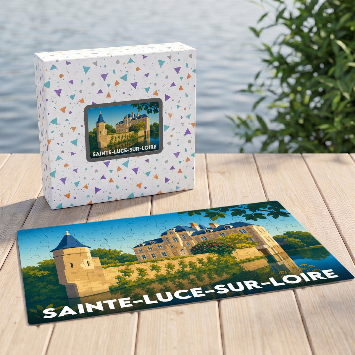 Puzzle souvenir de la ville de Sainte-Luce-sur-Loire avec son coffret illustré d'un château en bord d'eau.