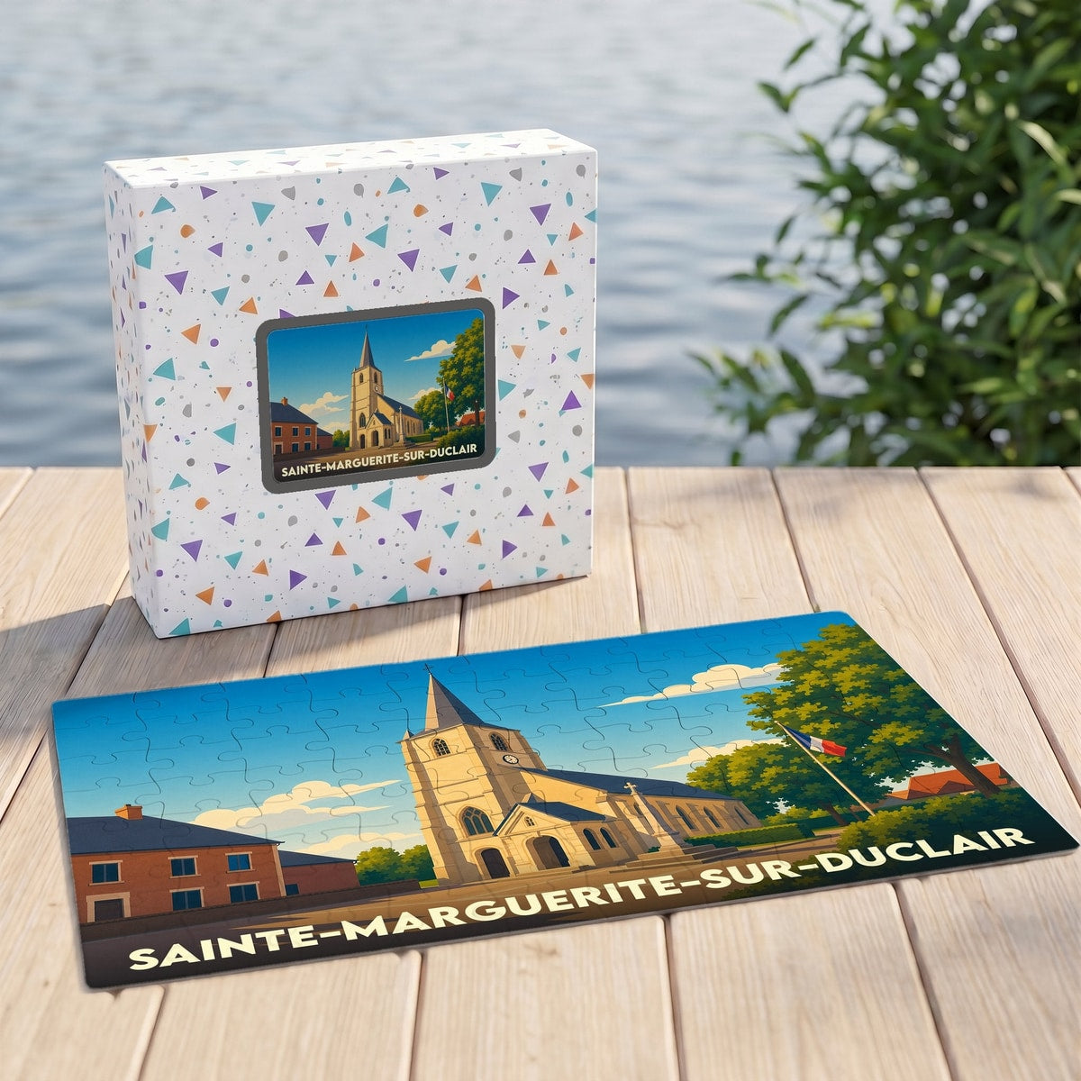 Puzzle souvenir de la ville de Sainte-Marguerite-sur-Duclair avec une illustration stylisée de son église.