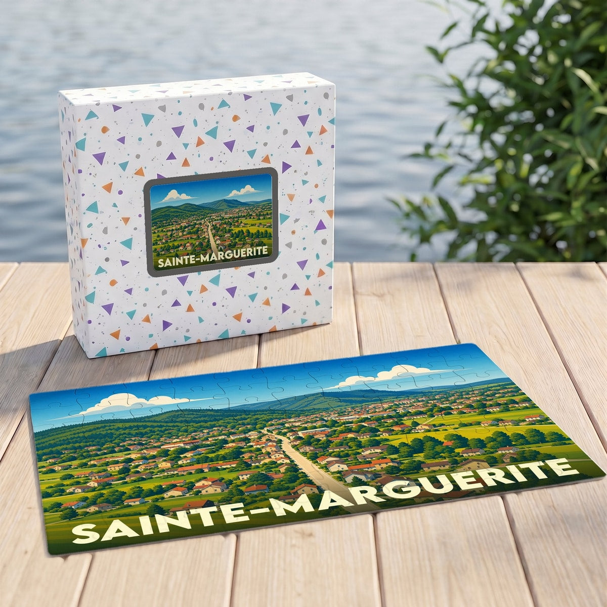 Puzzle souvenir de la ville de Sainte-Marguerite avec une illustration panoramique stylisée.