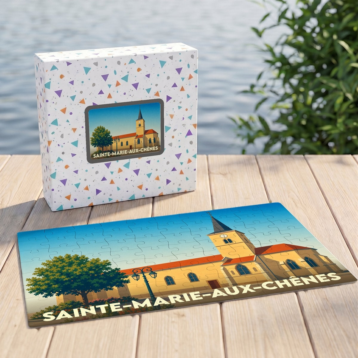 Puzzle souvenir de la ville de Sainte-Marie-aux-Chênes avec son illustration stylisée et sa boîte assortie.