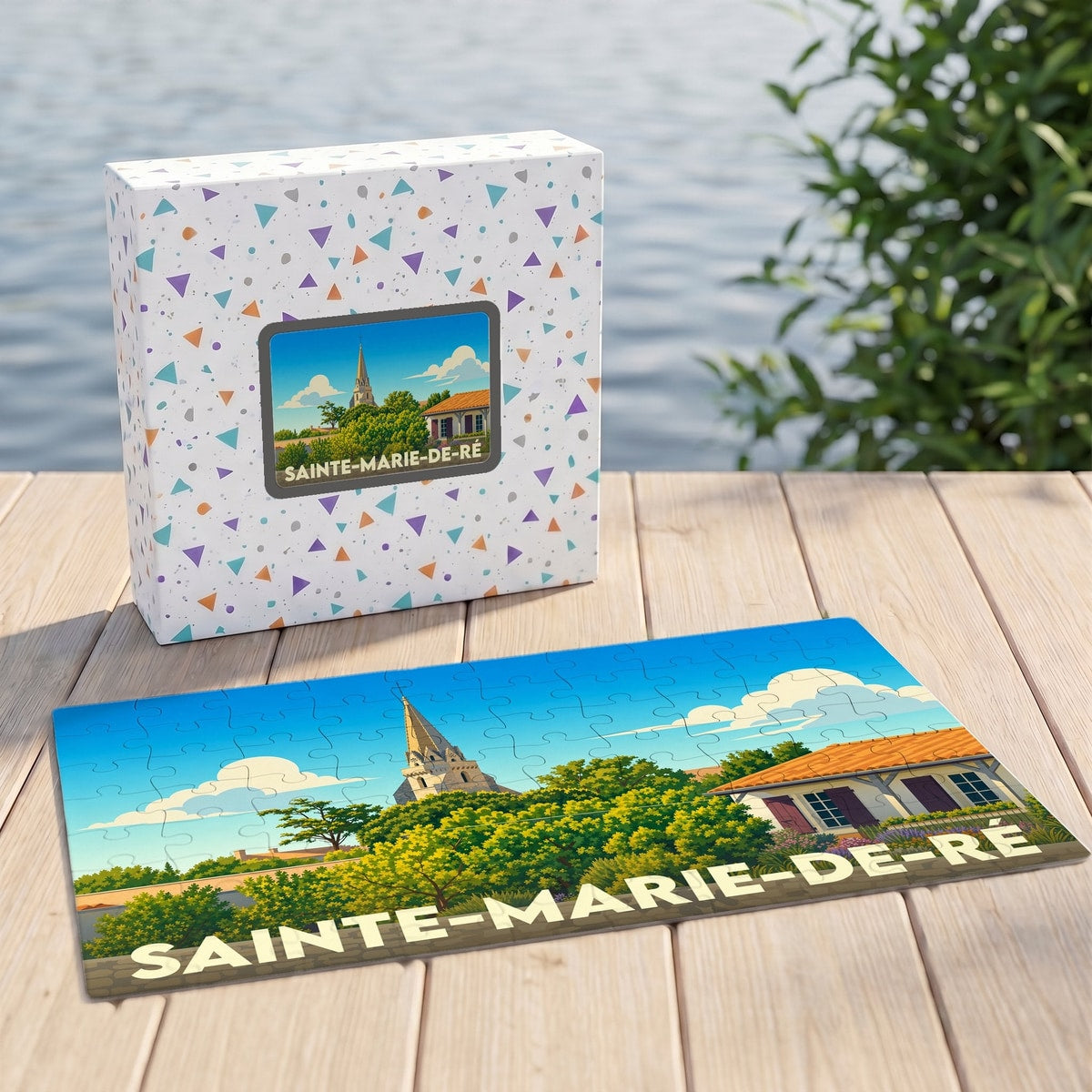 Puzzle souvenir de la ville de Sainte-Marie-de-Ré avec une illustration de style affiche vintage.