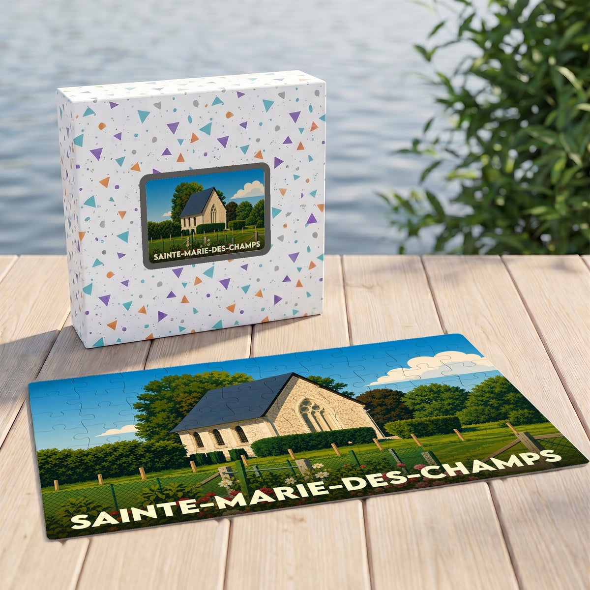 Puzzle souvenir de la ville de Sainte-Marie-des-Champs avec une illustration stylisée de sa chapelle.