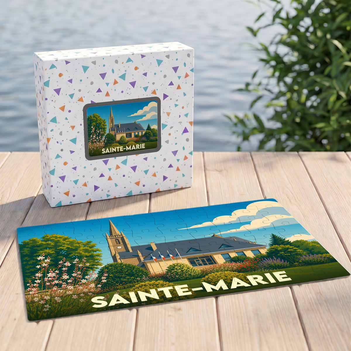 Puzzle souvenir de la ville de Sainte-Marie avec une illustration stylisée.
