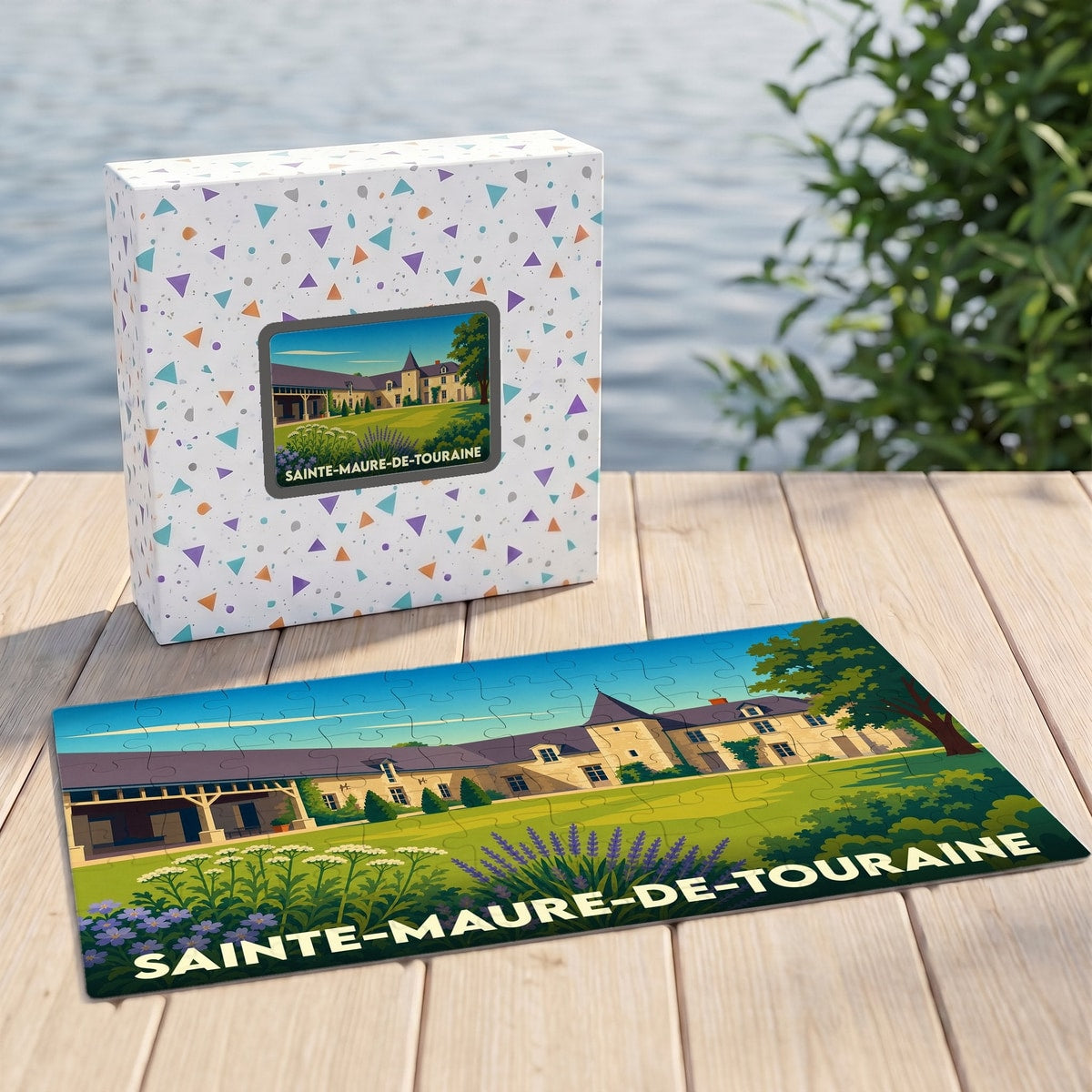 Puzzle souvenir de la ville de Sainte-Maure-de-Touraine avec une illustration stylisée de son patrimoine architectural.