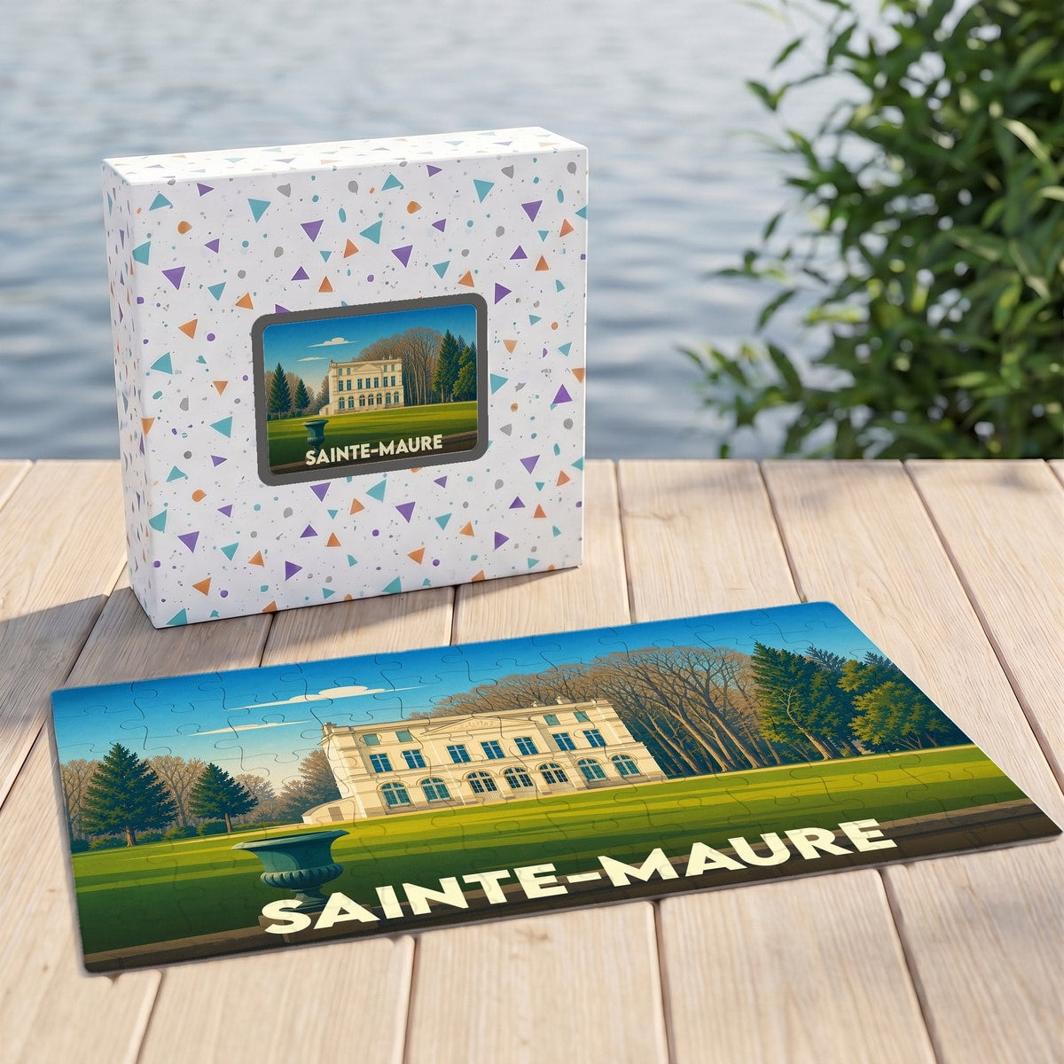 Puzzle souvenir de la ville de Sainte-Maure avec une illustration stylisée d'un domaine arboré.