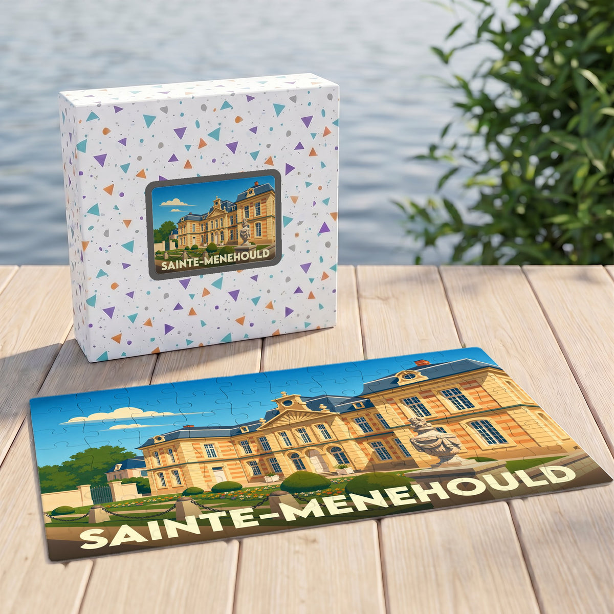 Puzzle souvenir de la ville de Sainte-Menehould avec une illustration stylisée de son hôtel de ville.