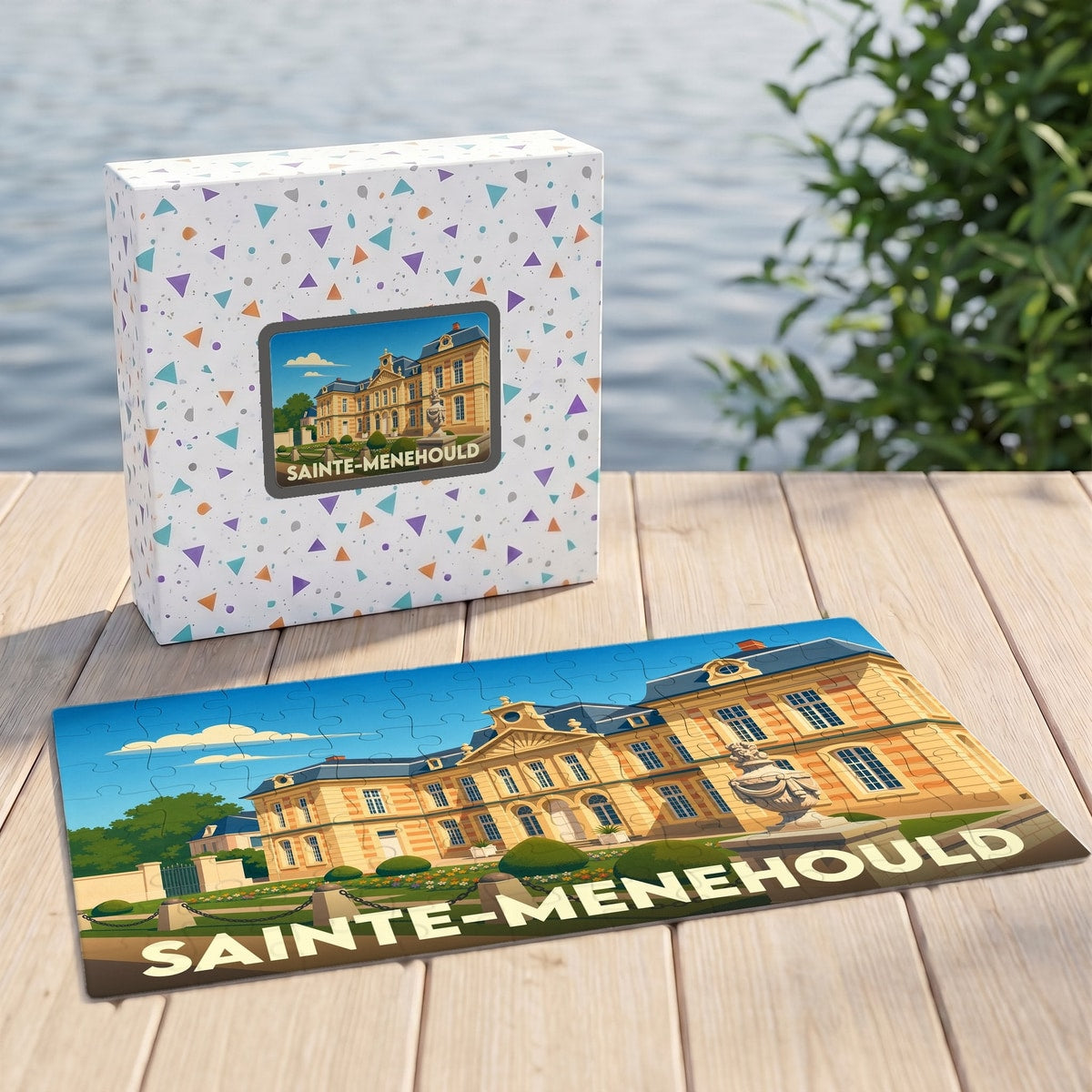 Puzzle souvenir de la ville de Sainte-Menehould avec une illustration stylisée de son hôtel de ville.