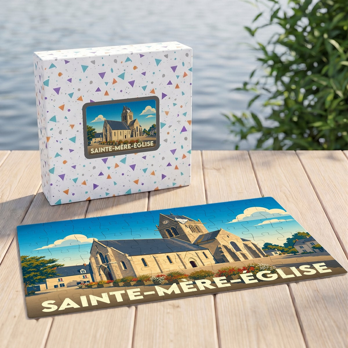 Puzzle souvenir de la ville de Sainte-Mère-Église avec une illustration stylisée de son église emblématique.