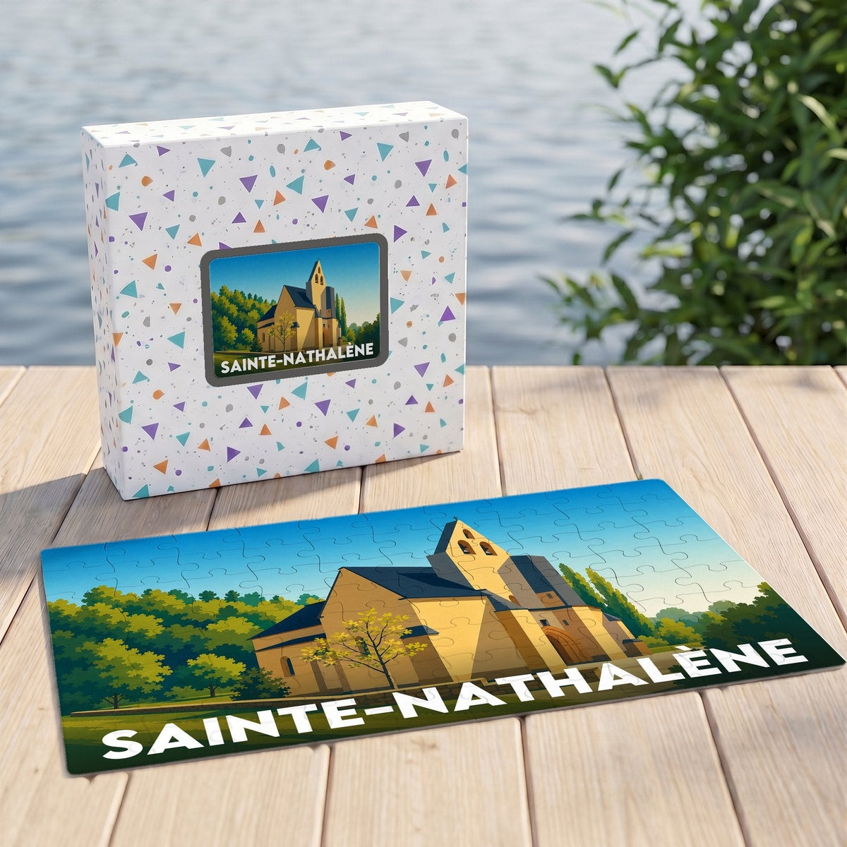 Puzzle souvenir de la ville de Sainte-Nathalène avec une illustration stylisée de son église.