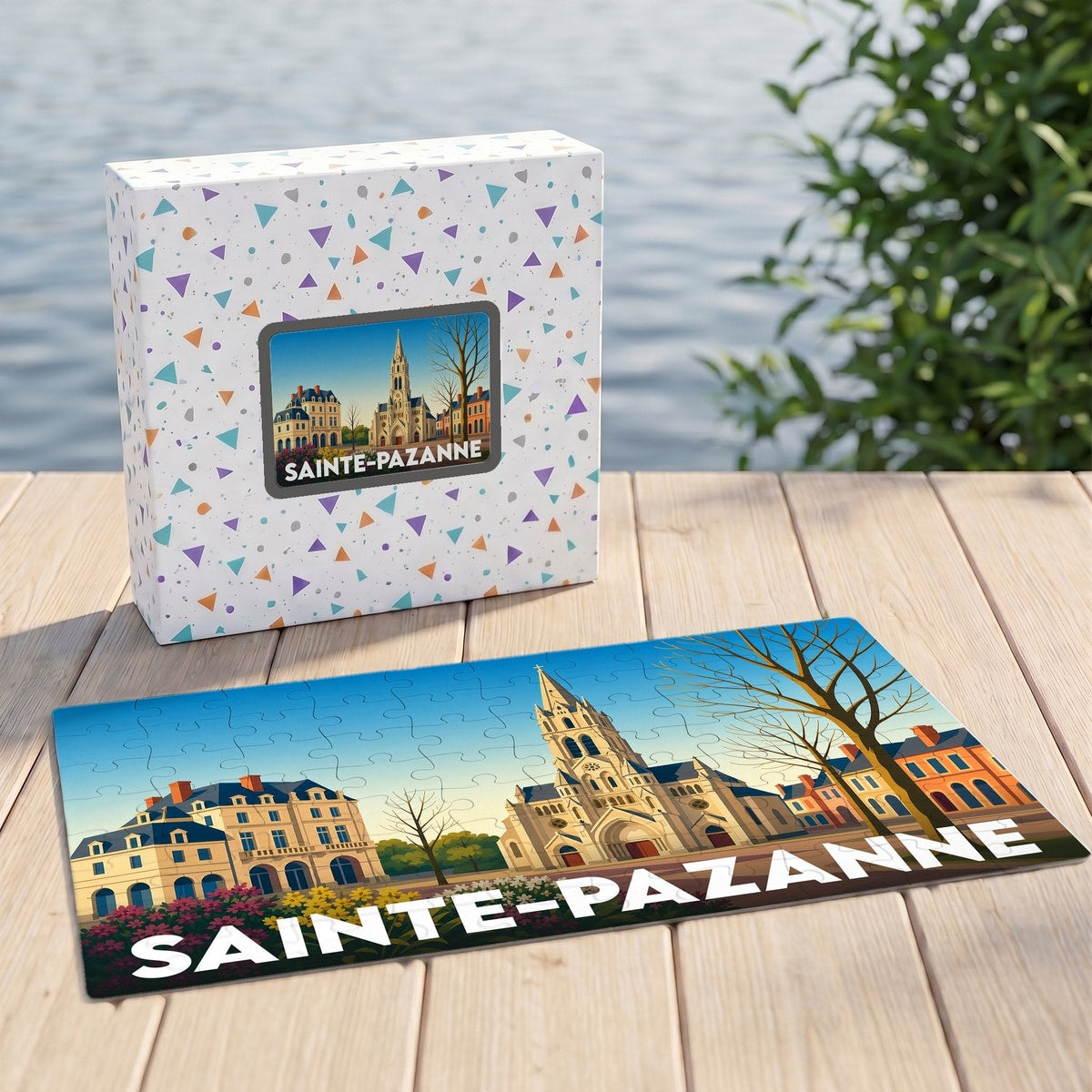 Puzzle souvenir de la ville de Sainte-Pazanne avec une illustration stylisée de son église et de ses bâtiments.
