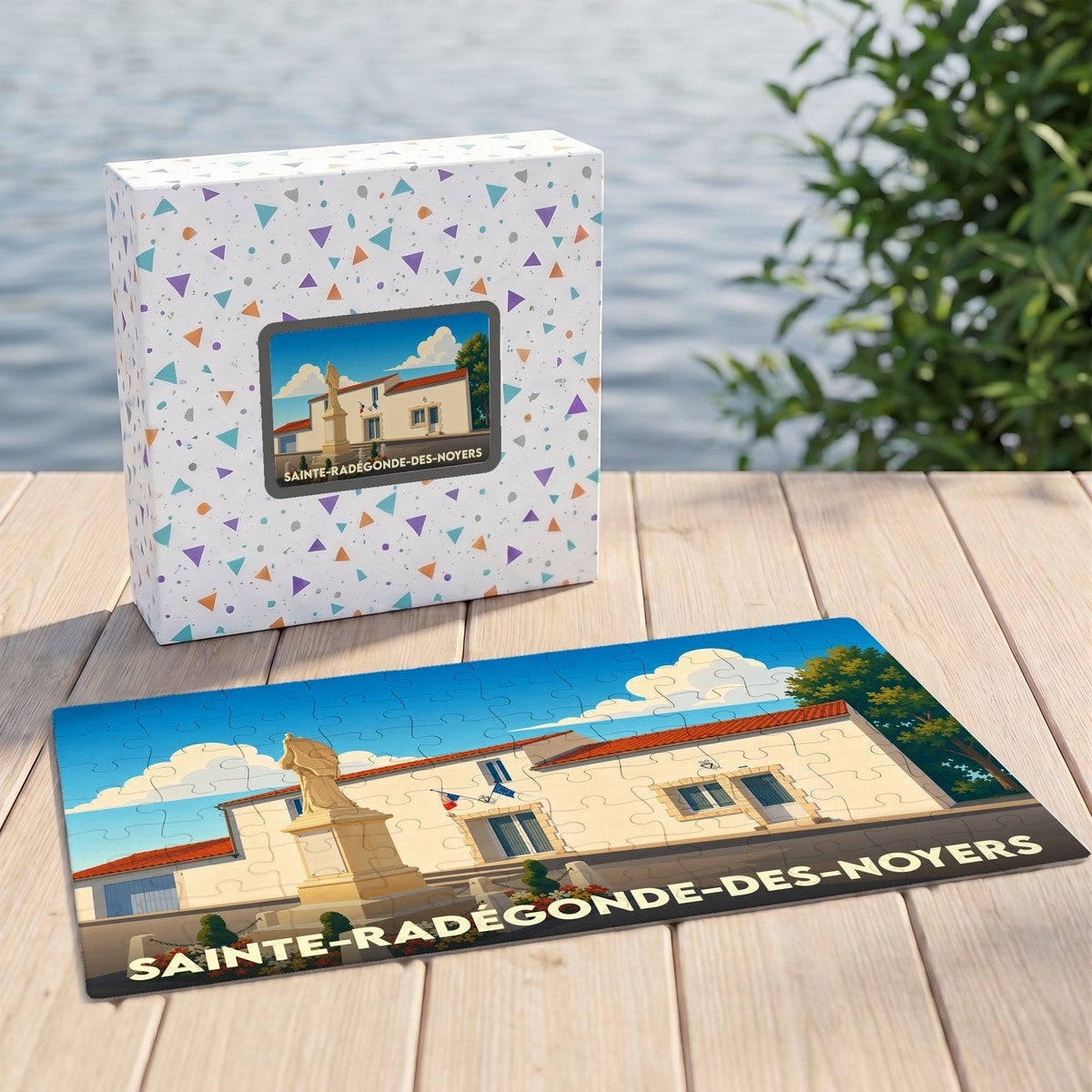 Puzzle souvenir de la commune de Sainte-Radégonde-des-Noyers avec une illustration stylisée de sa mairie.