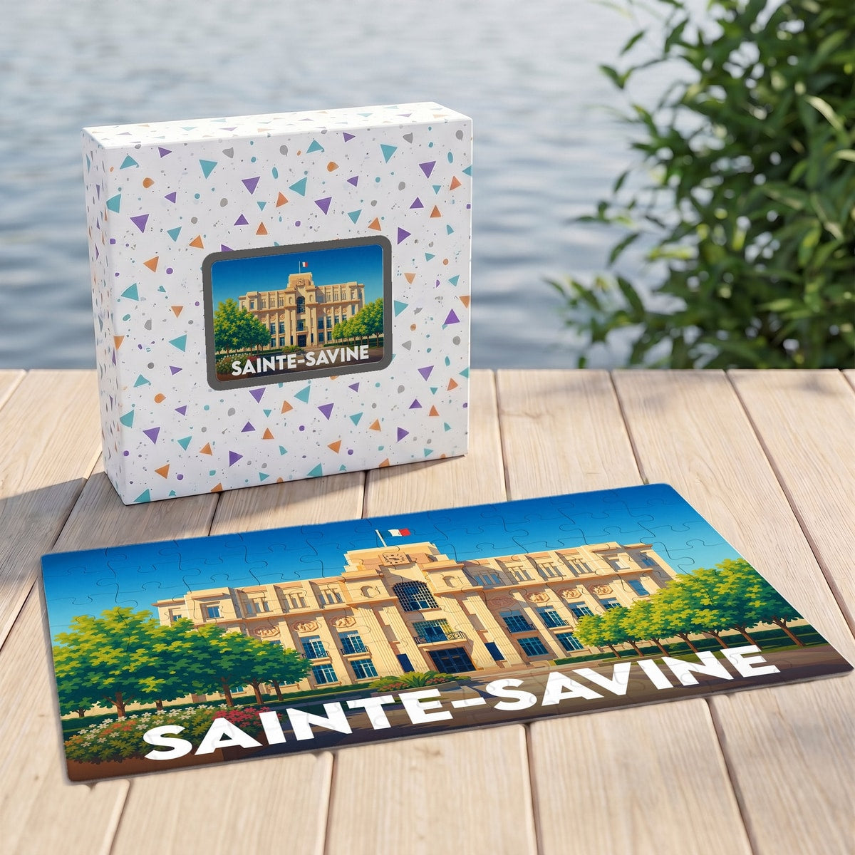 Puzzle souvenir de la ville de Sainte-Savine avec une illustration stylisée de son hôtel de ville.