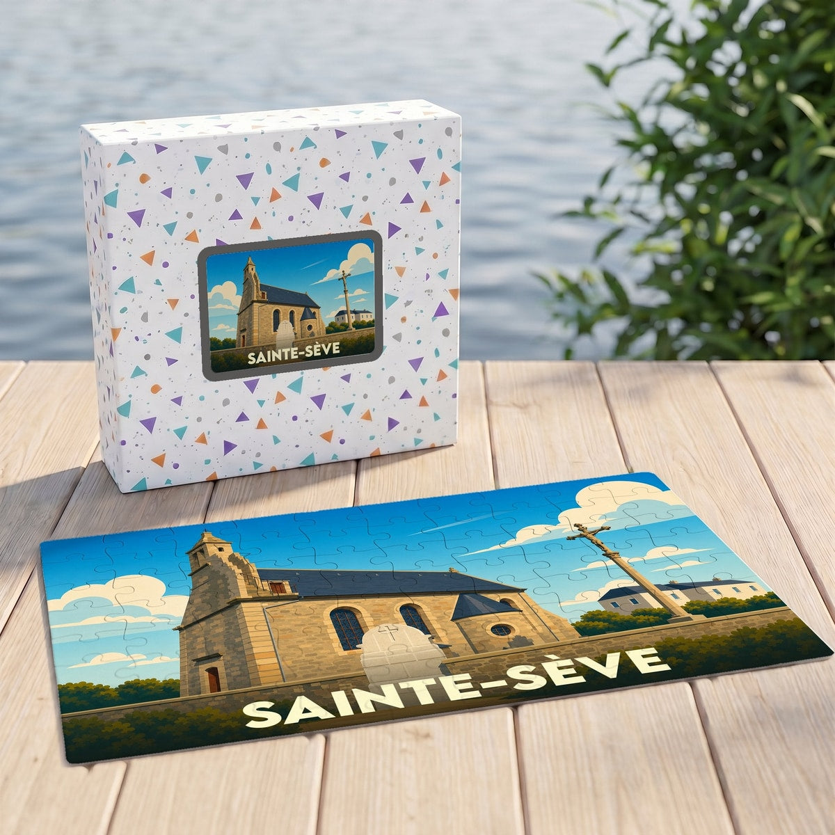 Puzzle souvenir de la ville de Sainte-Sève avec une illustration stylisée d'une église bretonne.