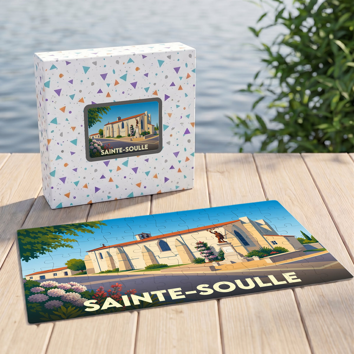 Puzzle souvenir de la ville de Sainte-Soulle avec une illustration stylisée de son église et de son monument.