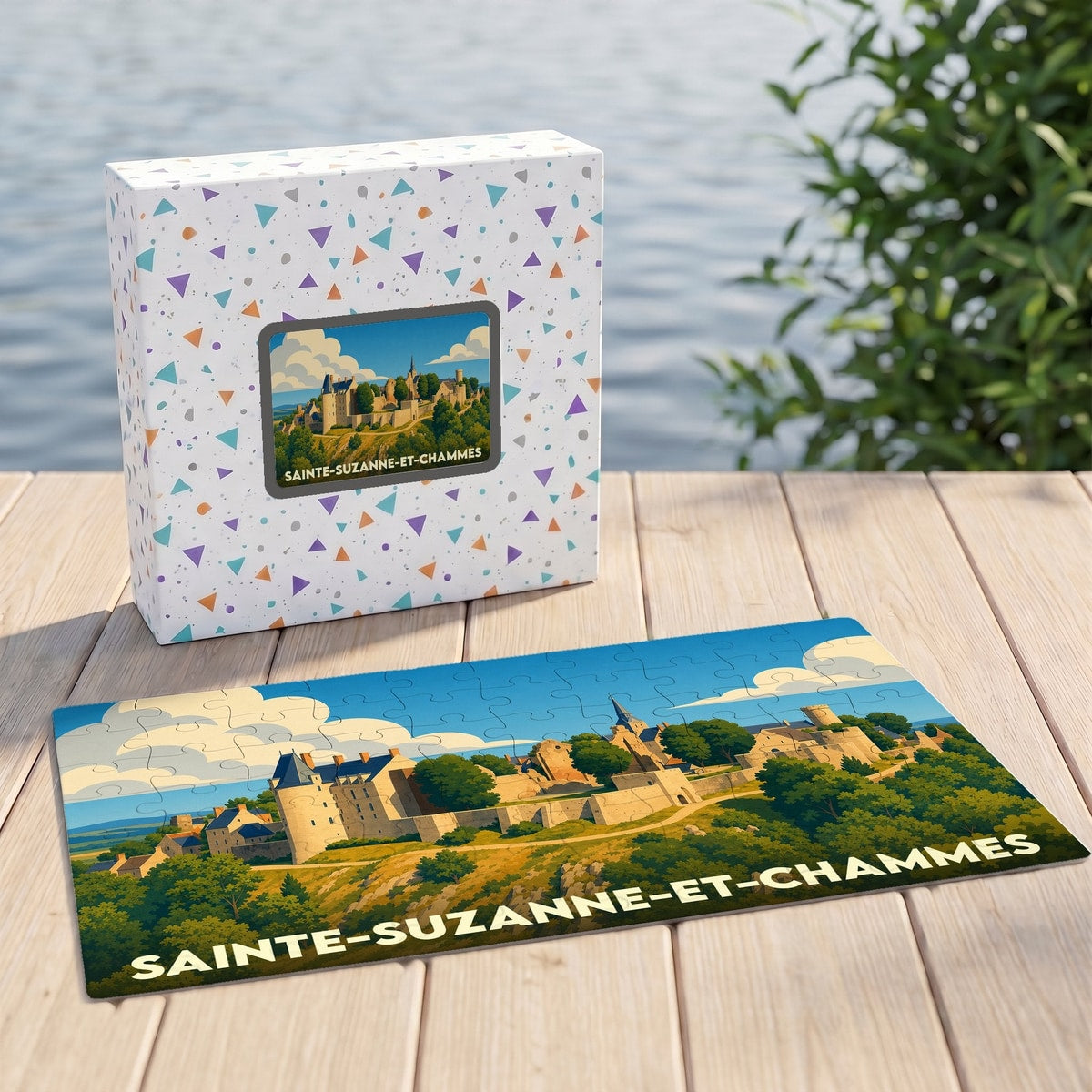 Puzzle souvenir de la ville de Sainte-Suzanne-et-Chammes avec une illustration stylisée du château médiéval.